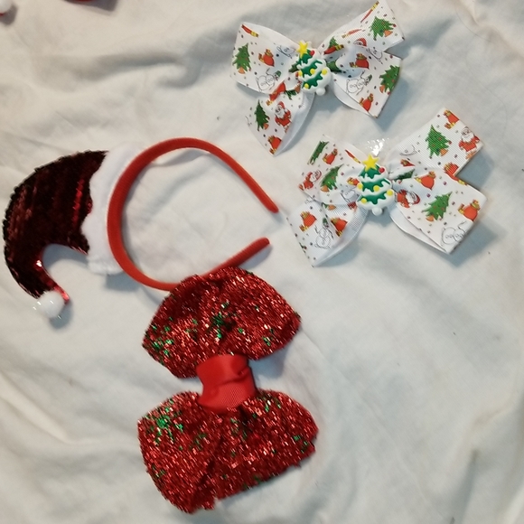 HOLIDAY HAIR BLING FASCINATOR SANTA HAT GLITTER BOW SET OF CHRISTMAS TREE RIBBON - Picture 2 of 11